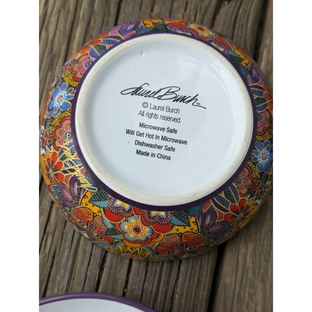 Laurel Burch Cat Floral Ceramic Plate & Bowl Set of 2 Purple 6” - Picture 4 of 14